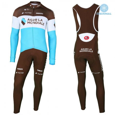 Tenue Cycliste Manches Longues et Collant à Bretelles 2018 AG2R La Mondiale Hiver Thermal Fleece N002